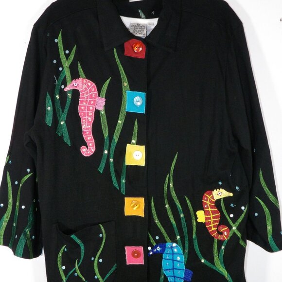 Women's 3 Piece Suit Top Jacket Capris Sz Large Black Colorful Seahorses Vintage - Picture 4 of 9